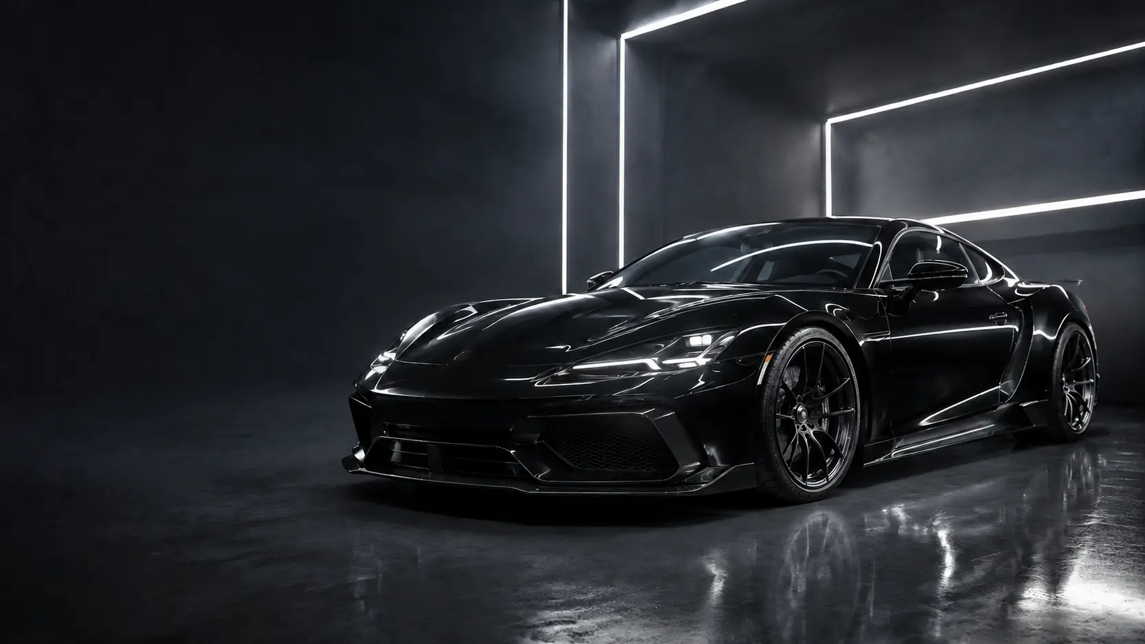 Illustration d’un coupé sportif noir dans un studio de detailing